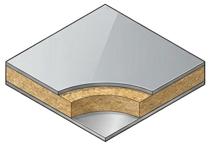 Diagrama de sección transversal de un tablero laminado con un centro hueco curvado, que muestra las superficies superior e inferior.