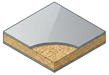 Vista en sección transversal de un tablero laminado con una capa superior gris y un núcleo de virutas de madera de color tostado, que muestra la estructura del material.