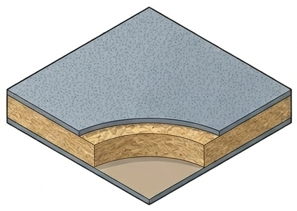 Vista en sección de un piso laminado con superficie superior gris y núcleo color canela, que muestra daños curvos en la parte inferior.
