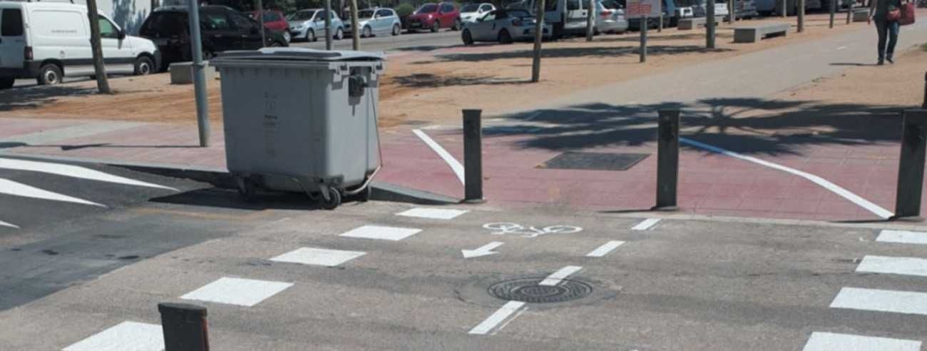Hay un bote de basura al costado de la carretera, al lado de un cruce de peatones.