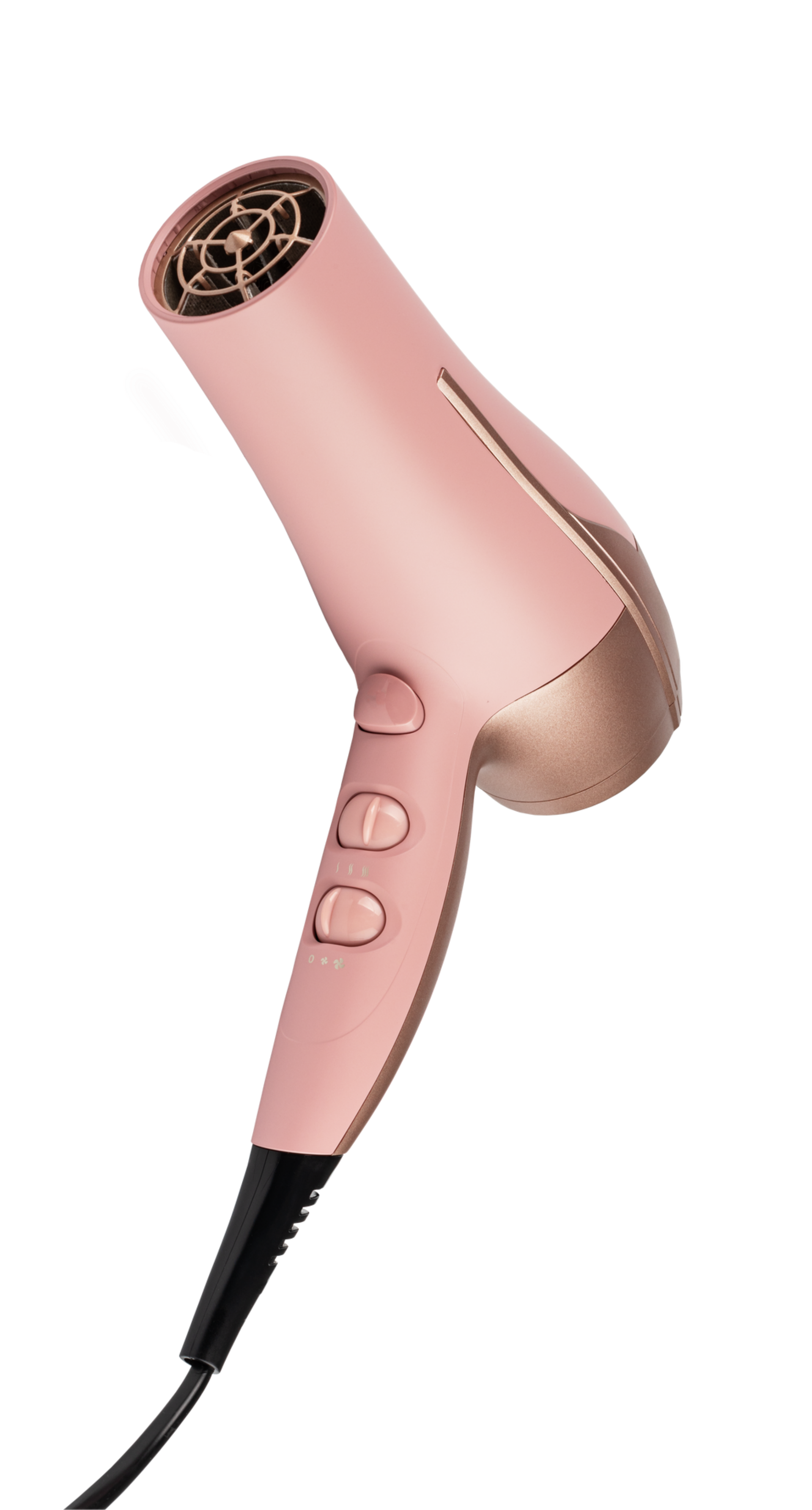 Sèche-cheveux rose avec cordon noir sur fond blanc