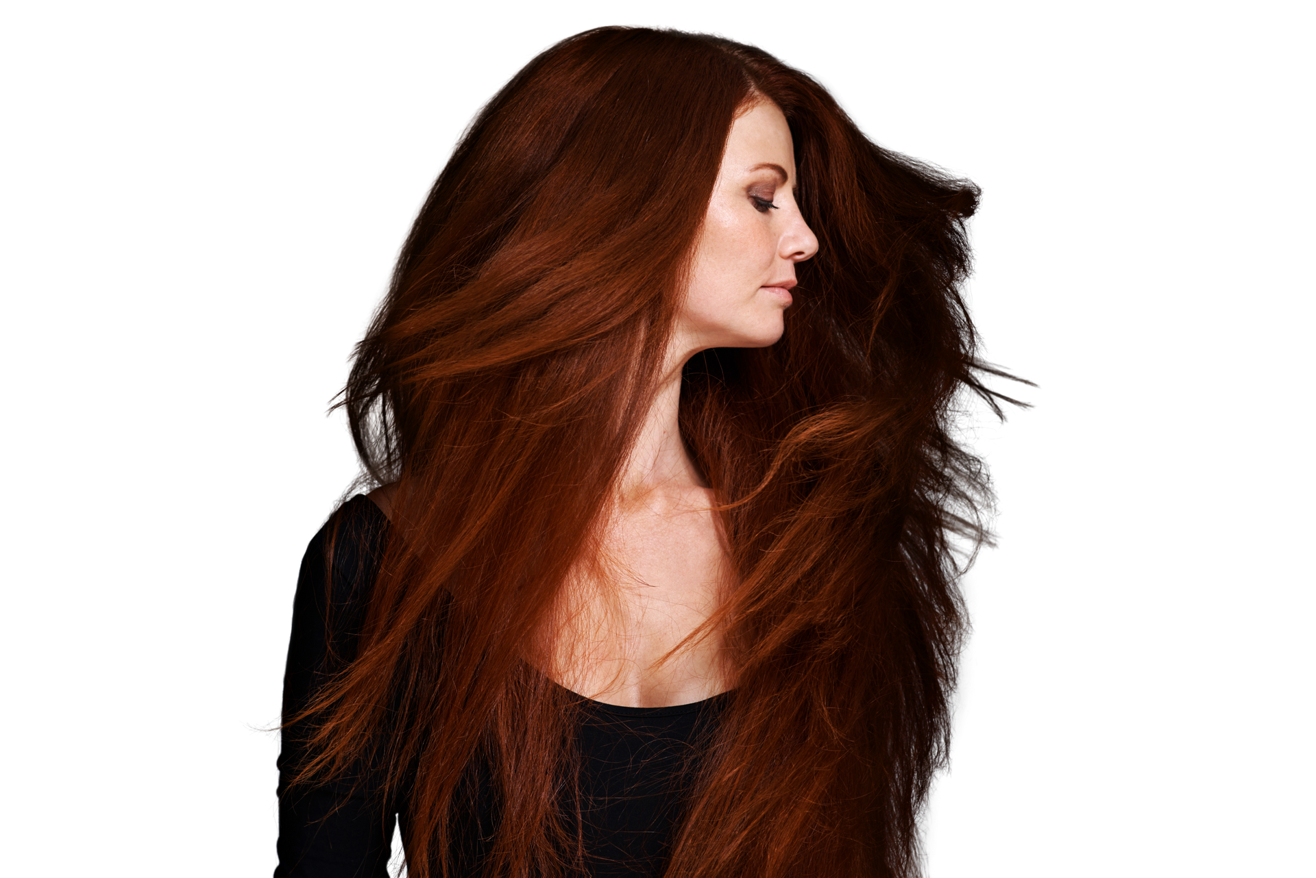 Femme aux longs cheveux châtain foncé, de profil, sur fond blanc