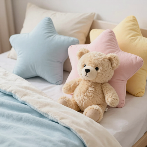 Un osito de peluche en una cama con almohadas de estrellas en tonos pastel y una manta azul claro.