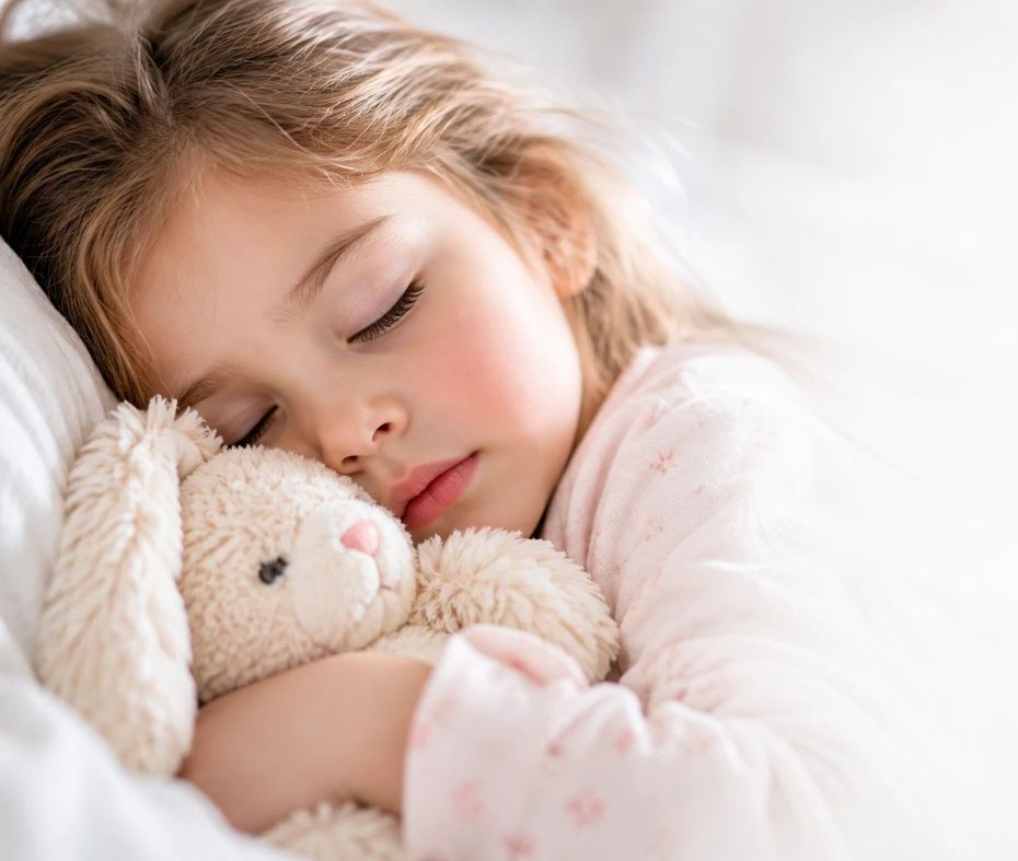 Un niño dormido abraza un osito de peluche blanco en una cama suave.