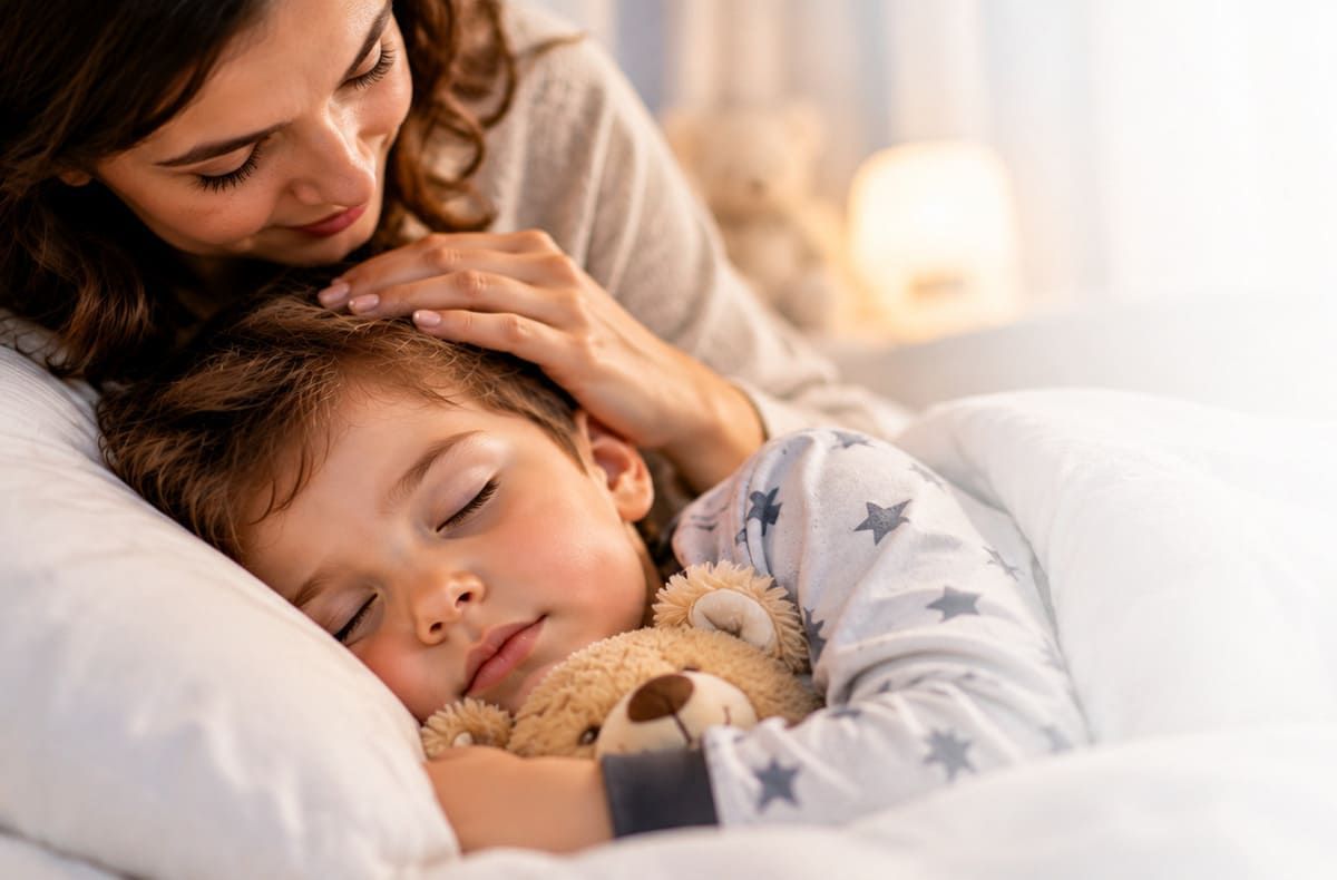 Una madre arropa con ternura a su hijo dormido en la cama con un osito de peluche.