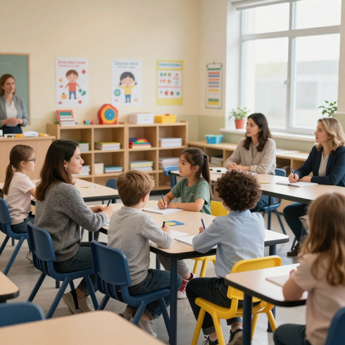 Aula de primaria con alumnos sentados alrededor de mesas durante una clase, con un profesor al frente.