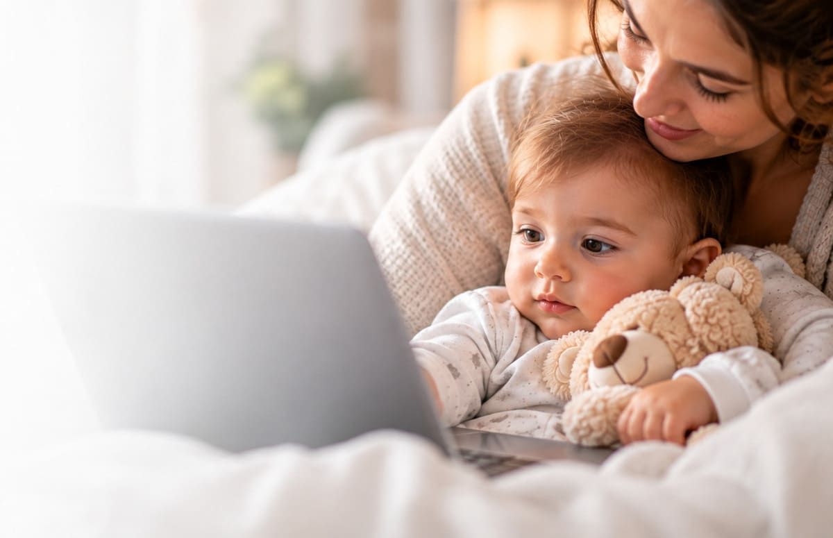 Una mujer acuna a un bebé en una cama junto a una computadora portátil, con un osito de peluche cerca.