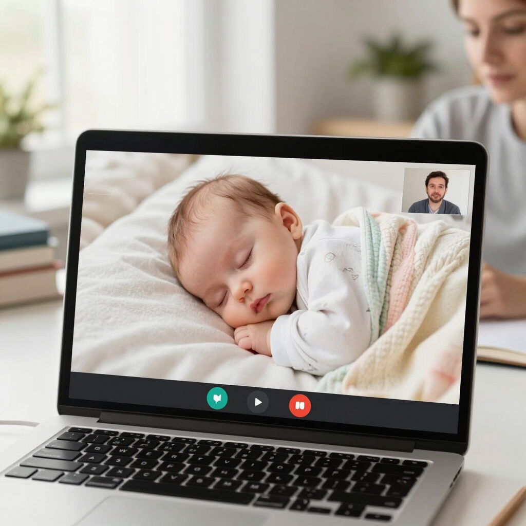 Un portátil muestra a un bebé durmiendo en una videollamada, con una mujer borrosa al fondo.