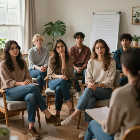 Un pequeño grupo de personas sentadas en círculo escucha a un orador en una sala de reuniones luminosa con un rotafolio.