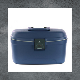 Una caja azul con un asa y un candado.