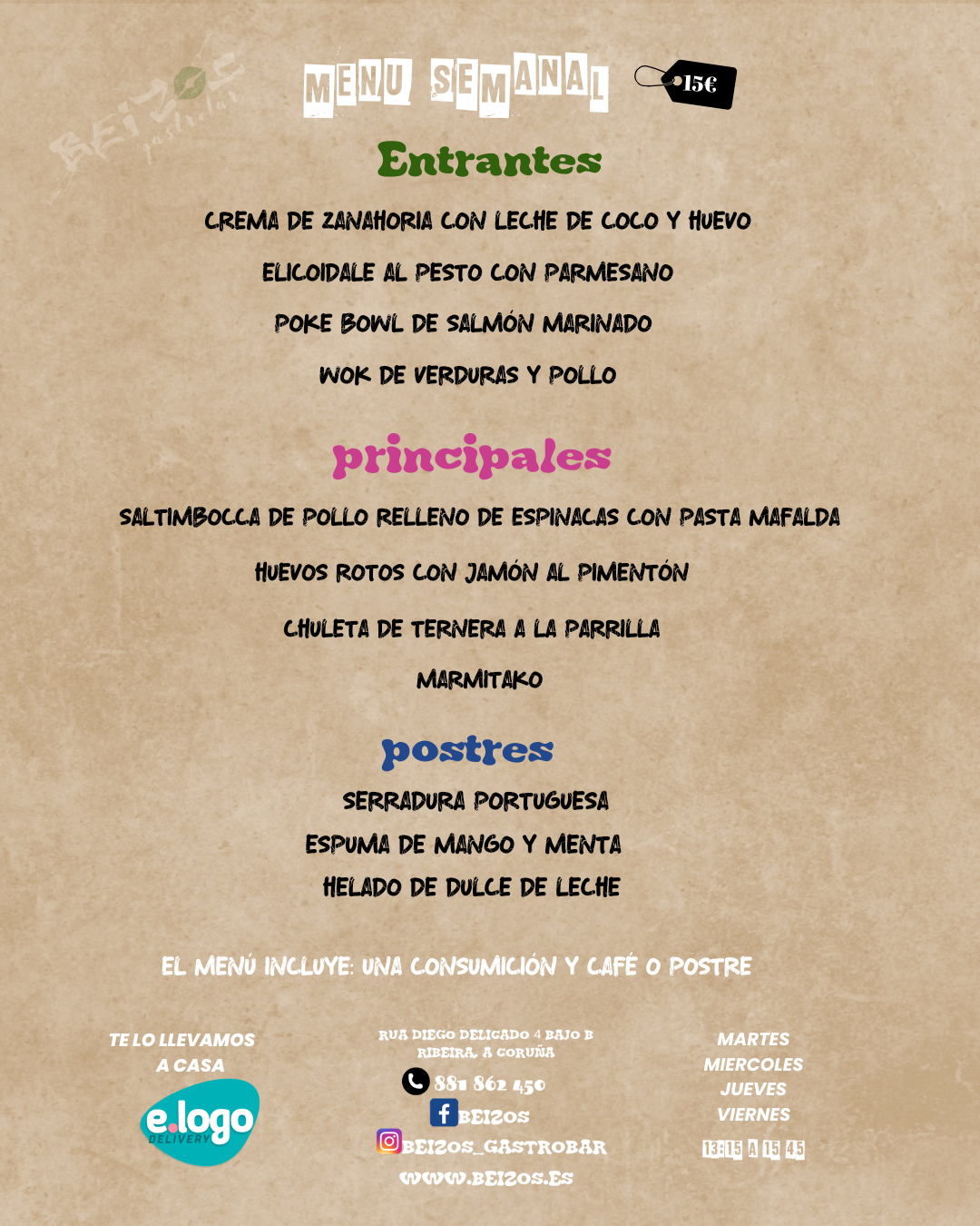 Un menú para un restaurante con escritura en español.
