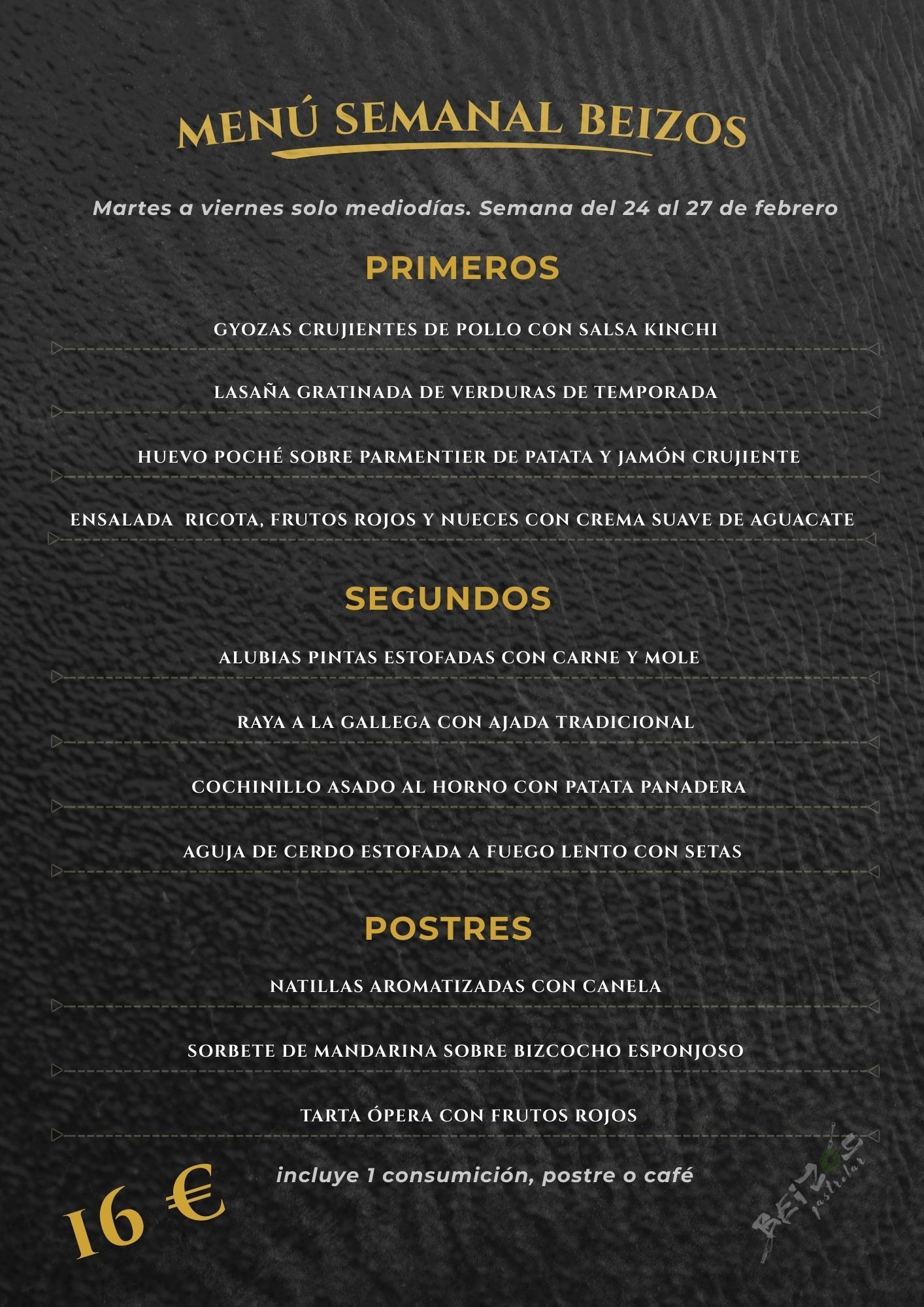 Un menú para un restaurante con escritura en español.