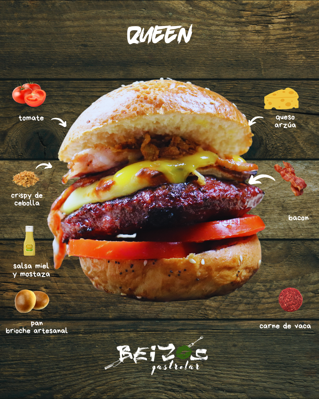 Una hamburguesa con tomates, queso y tocino en un pan sobre una mesa de madera.