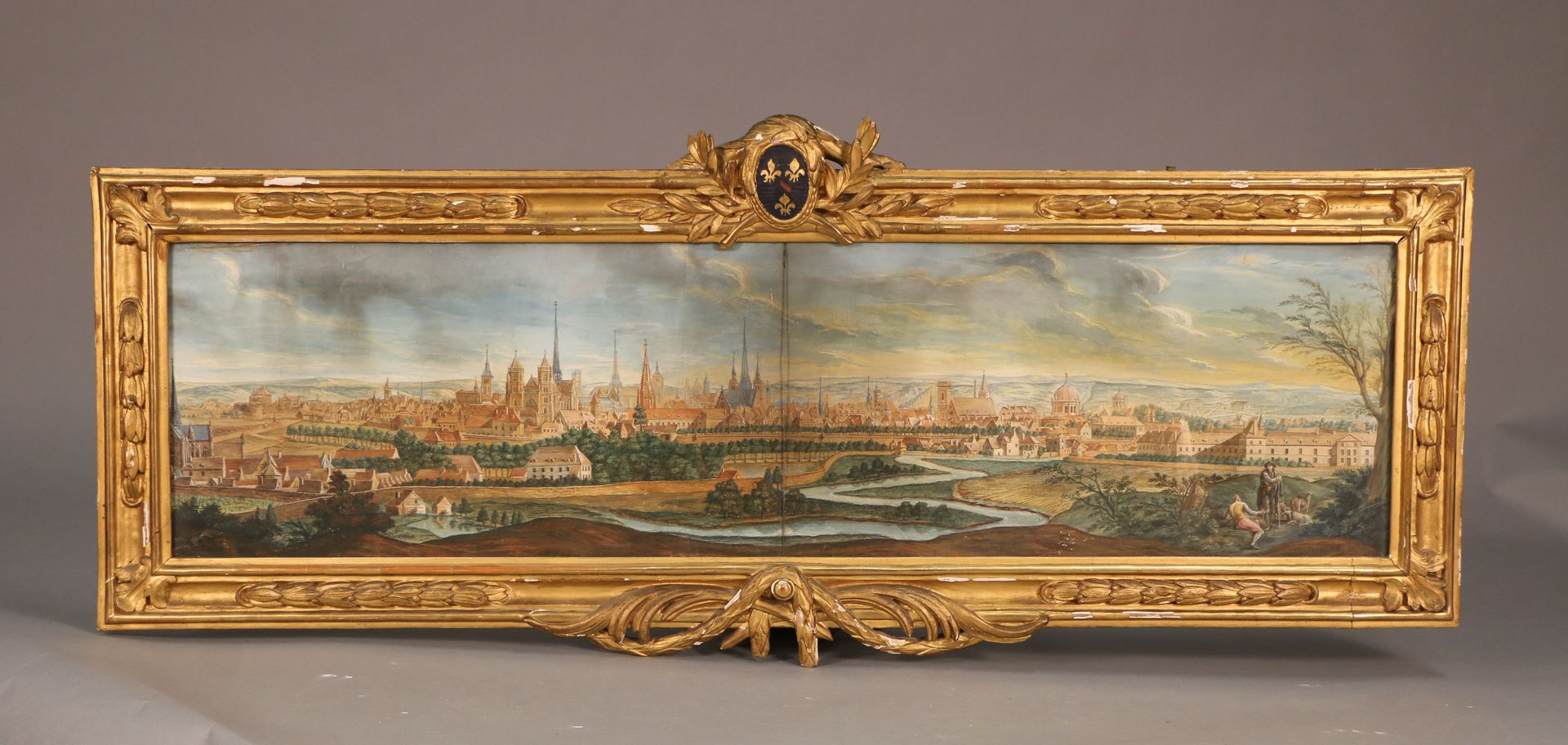 Peinture panoramique de paysage urbain dans un cadre doré orné