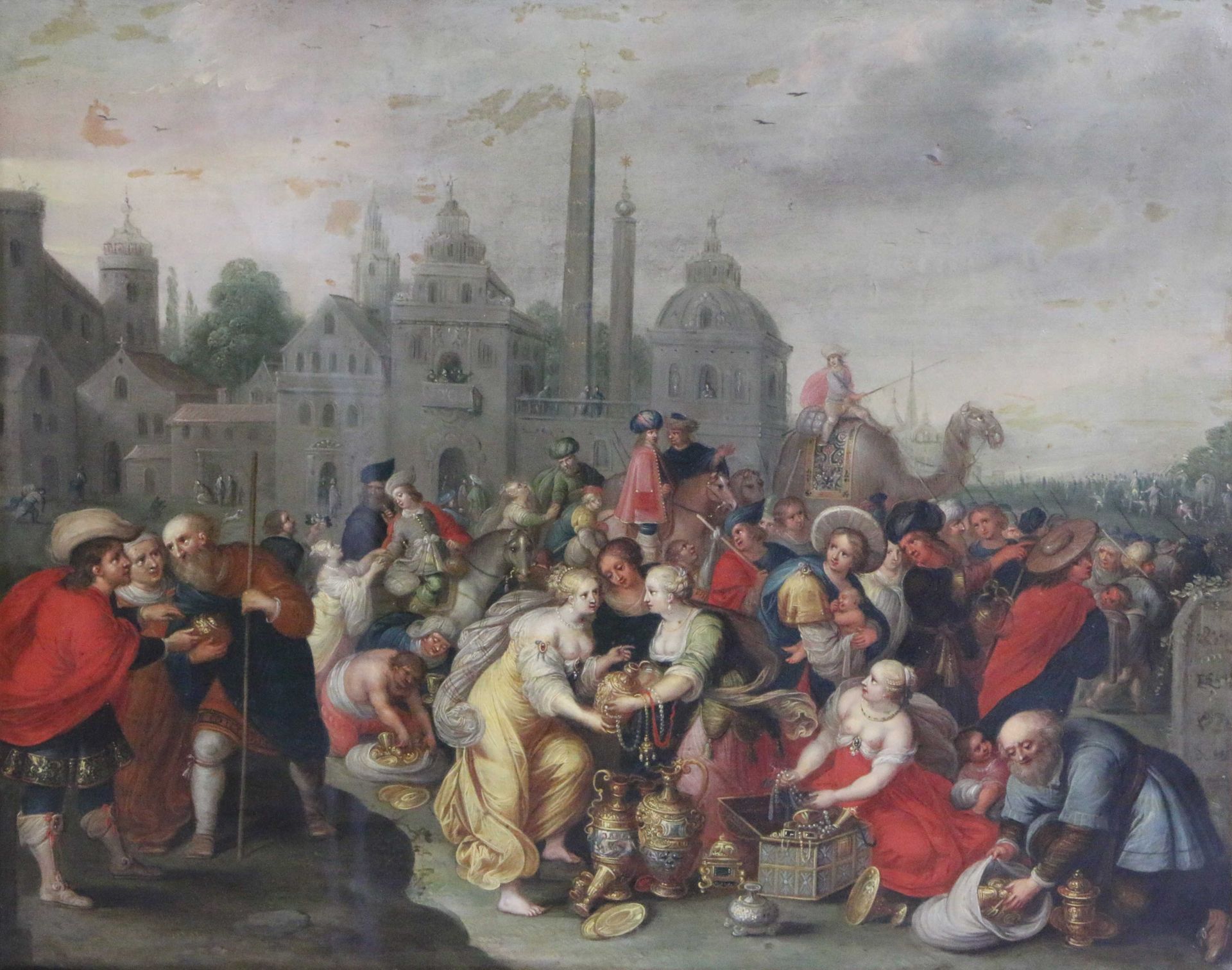 Une scène bondée avec des personnages échangeant des cadeaux devant un arrière-plan urbain