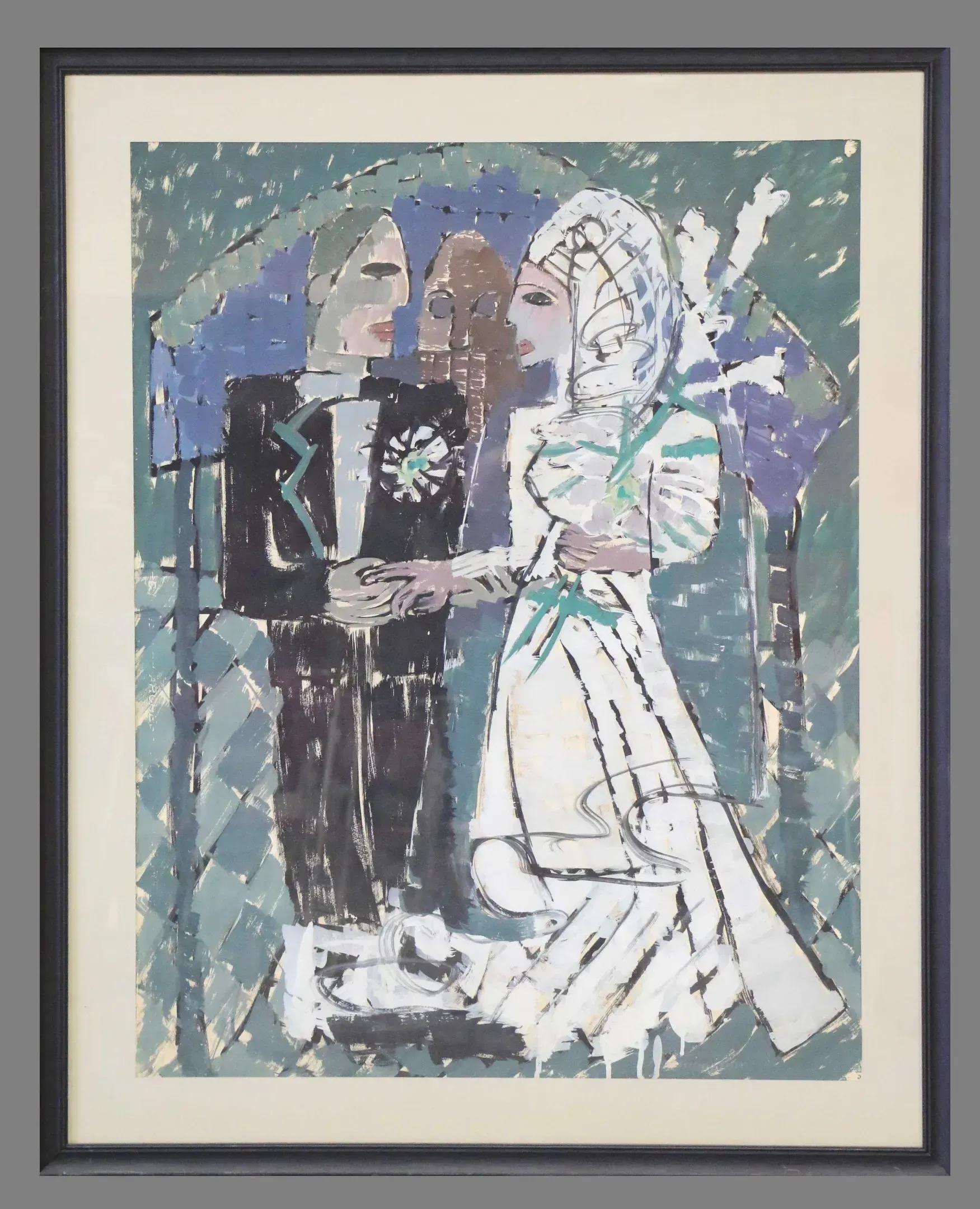 Couple de mariés : mariée en robe blanche, marié en costume noir, se tenant la main