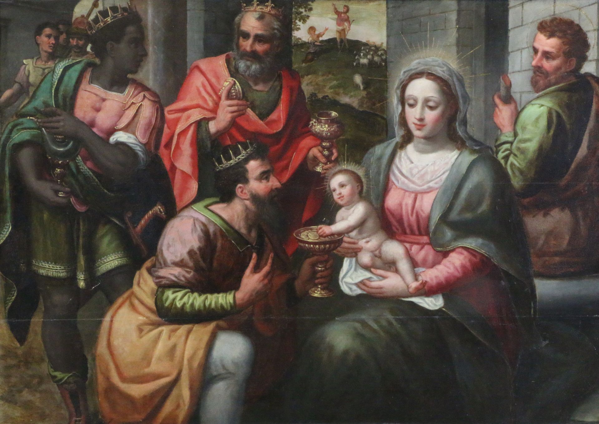 Les Rois Mages offrant des présents à l'Enfant Jésus porté par Marie.