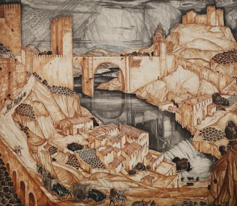 Une illustration d'une ville médiévale avec un pont sur une rivière, des montagnes et un ciel orageux