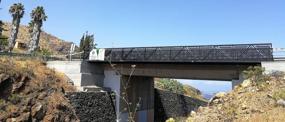 Un puente sobre un río con palmeras al fondo.