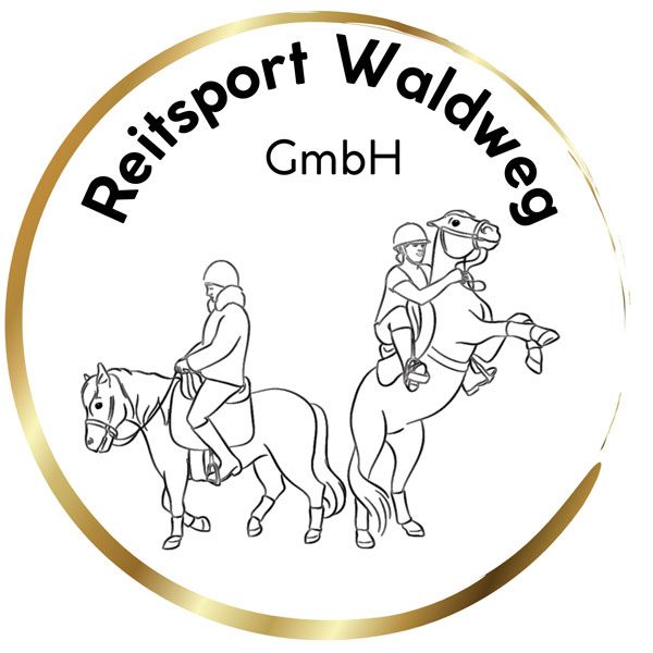 ein Bild eines weißen Pferdes neben den Worten Reitsport-Waldweg