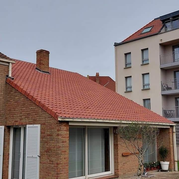 La moitié d'un toit de tuiles rouges nettoyée, l'autre moitié sale et sombre.