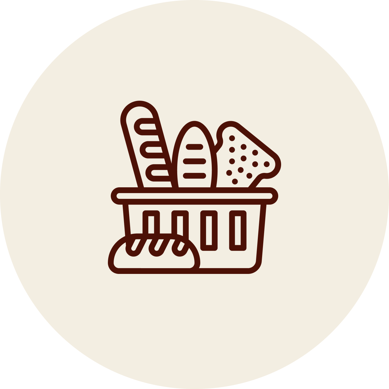 du pain et des viennoiseries dans un panier, dessin au trait brun sur un cercle beige