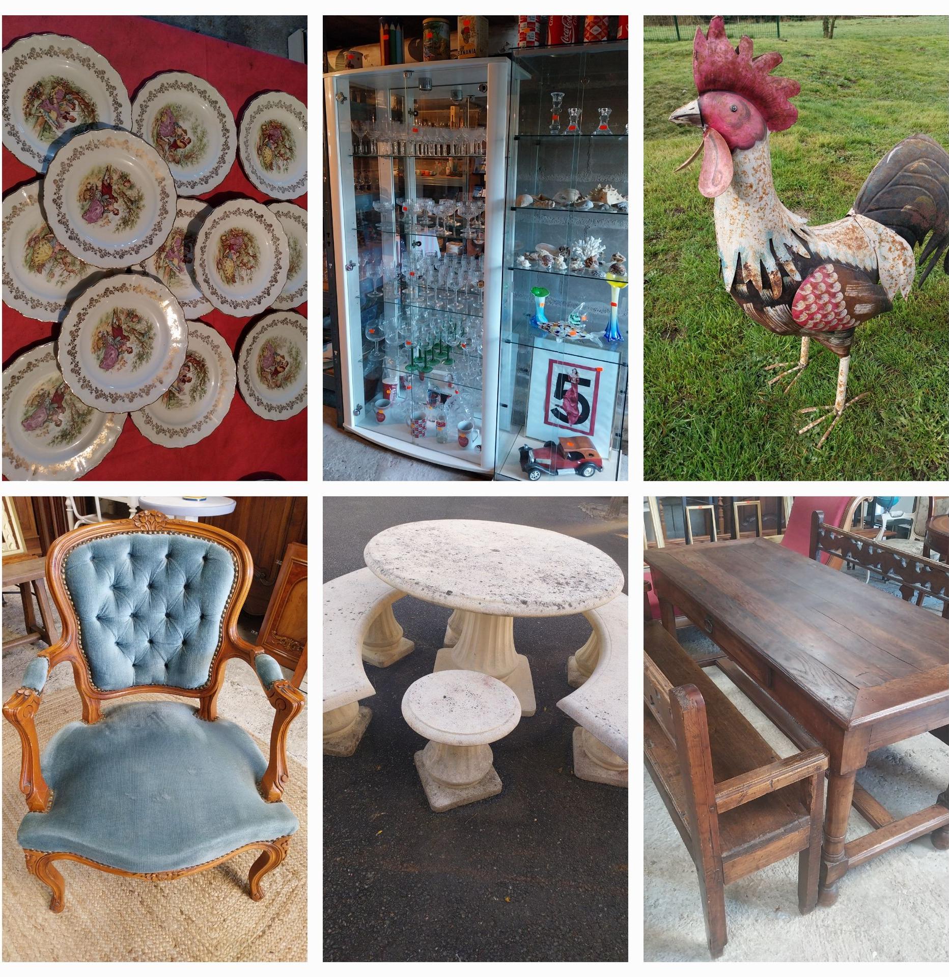 Collection de divers articles ménagers : assiettes, armoire, coq, chaise, ensemble de table en pierre et table en bois.