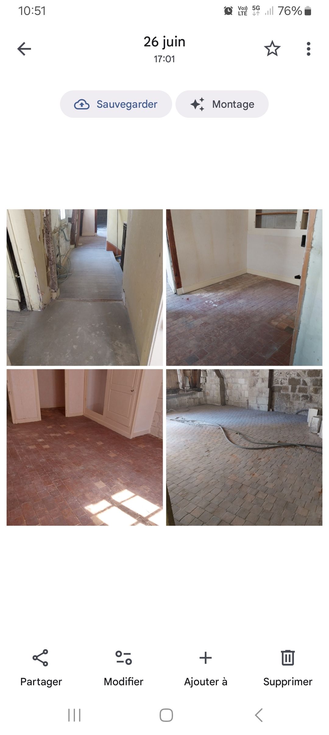 Quatre vues intérieures de pièces montrant les sols, les murs et les portes, illustrant un après-débarras.