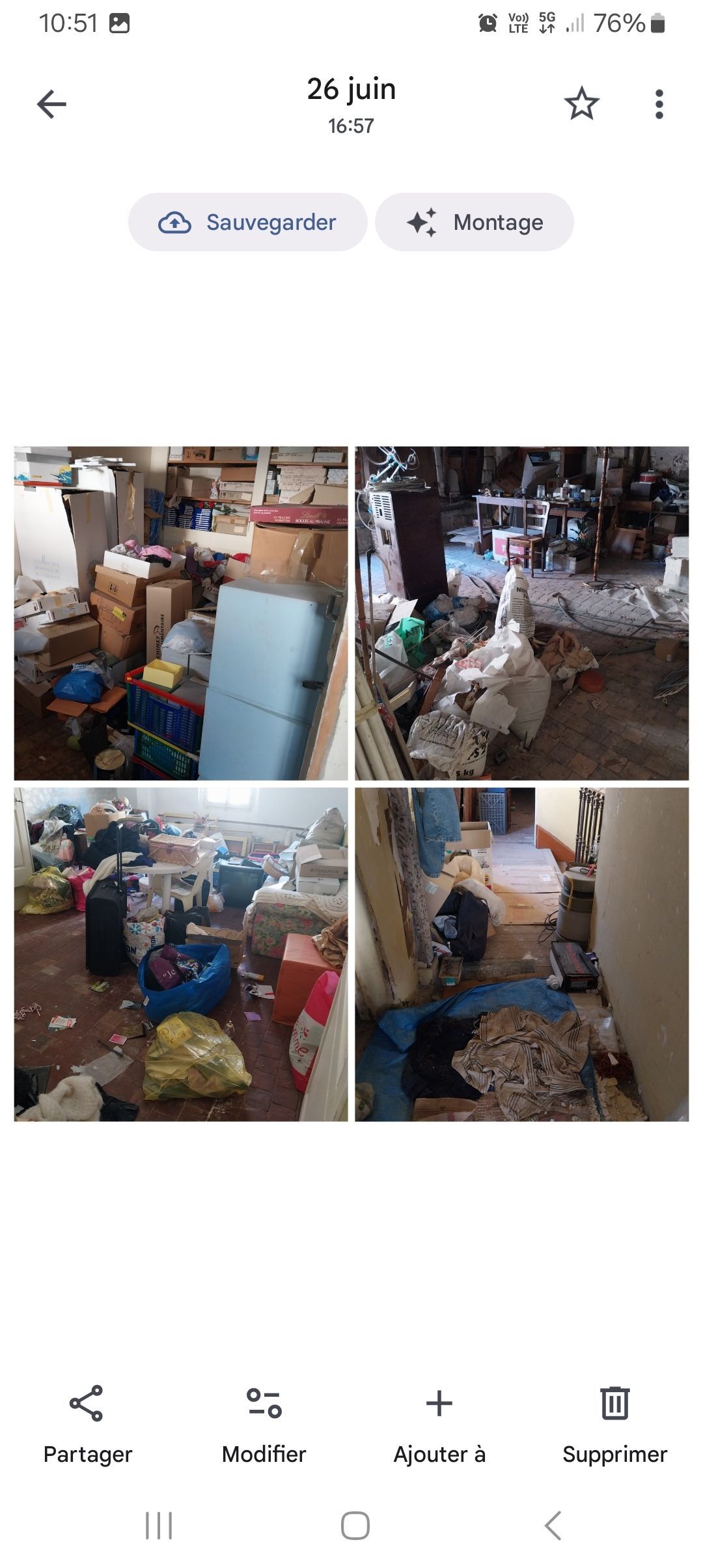 Quatre photos d'un espace intérieur encombré, probablement une maison, rempli d'objets et de débris.