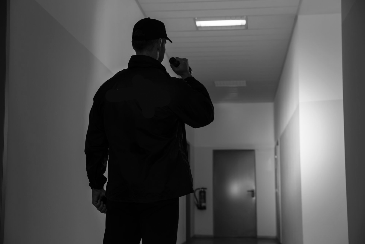 Une personne vêtue de vêtements sombres marche dans un couloir faiblement éclairé, tenant une radio près de sa bouche.
