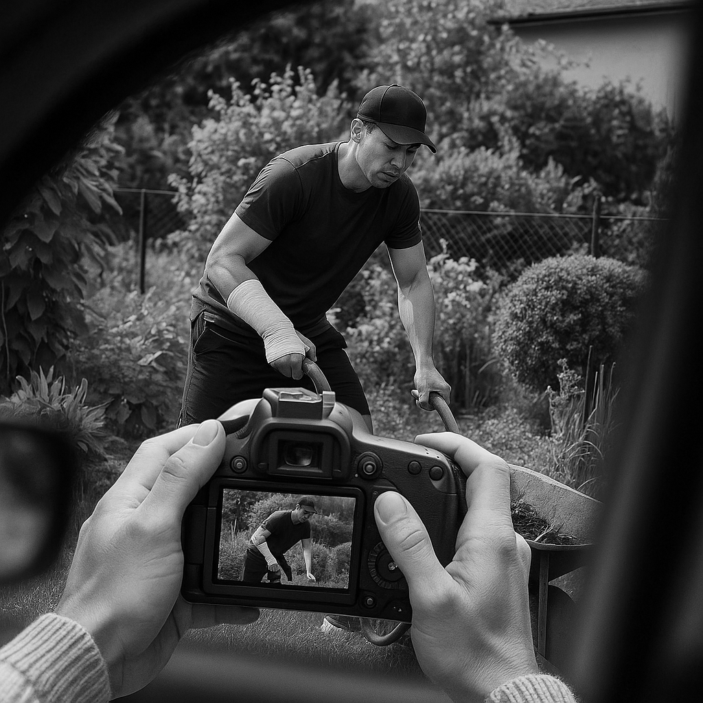 Une personne filme un homme faisant du jardinage à travers le viseur d'une caméra dans une scène de jardin en noir et blanc.