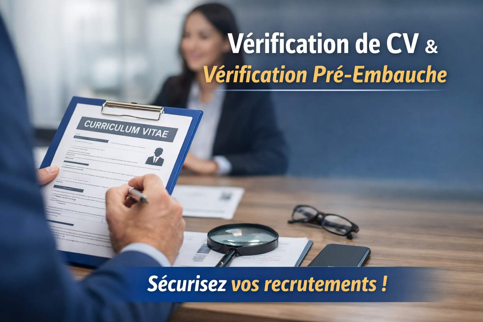 Vérification de CV et pré-embauche, document examiné sur un bureau avec texte Sécurisez vos recrutements !
