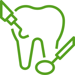Un dibujo lineal verde de un diente con un cepillo de dientes y un espejo dental.