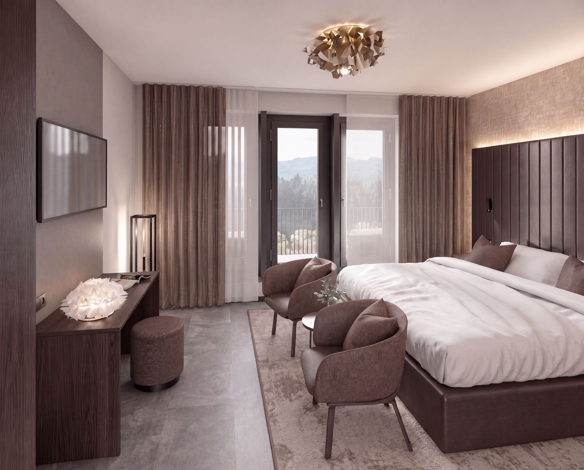 Modernes Schlafzimmer mit einem großen Bett, rosa Vorhängen, gepolsterten Sesseln und Blick auf den Balkon
