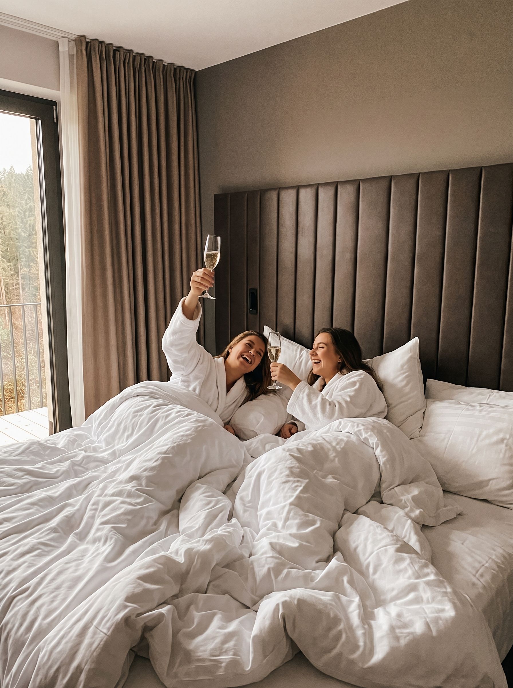 Zwei Personen in weißer Bettwäsche machen in einem sonnendurchfluteten Hotelzimmer ein Selfie