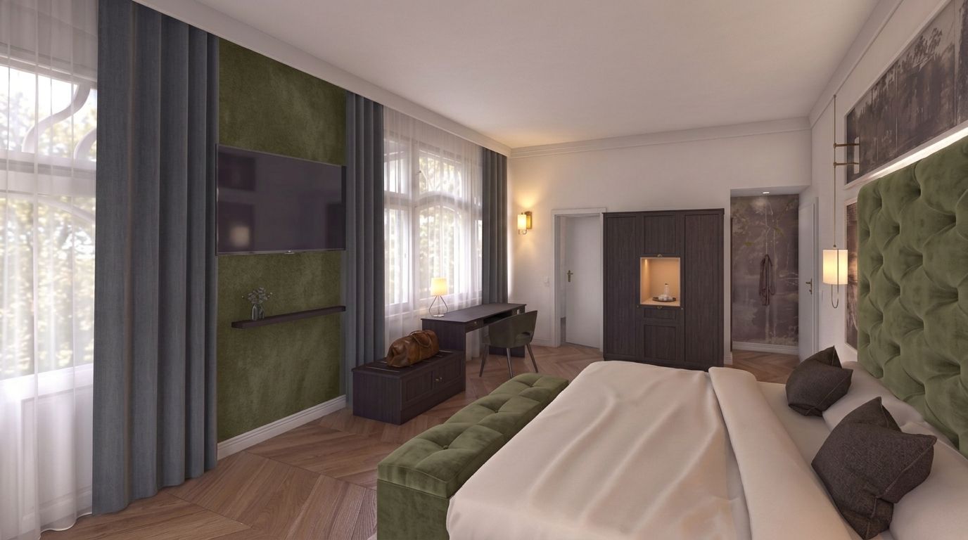 Hotelzimmer mit großen Fenstern, grauen Vorhängen, grünen Akzentwänden und einem Bett mit Kissen sowie einer Bank am Fußende.