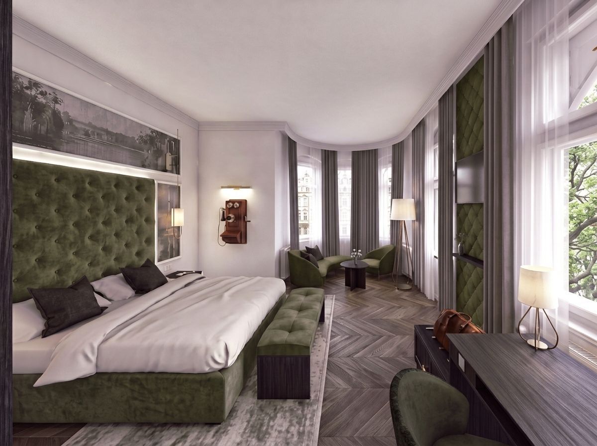 Modernes Hotelzimmer mit einem grünen Bett, raumhohen Fenstern und einer Sitzecke