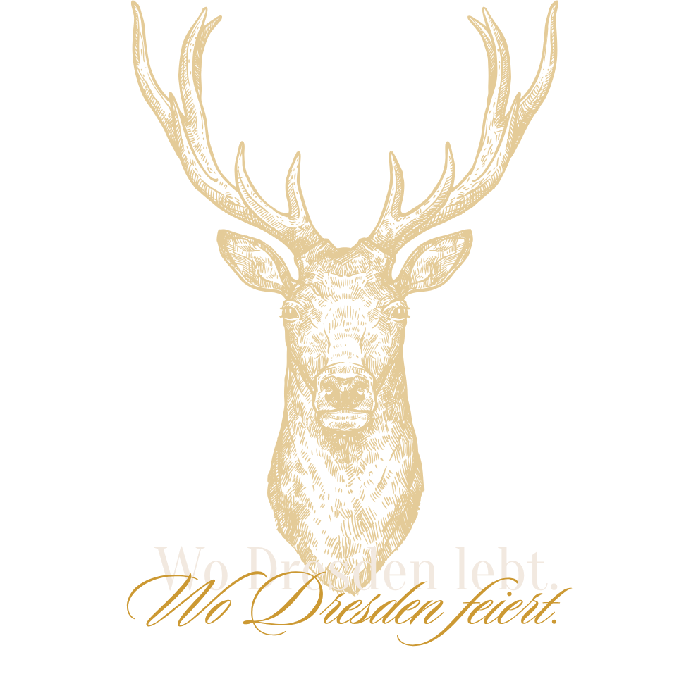 Goldene Hirschkopfsilhouette mit Geweih und blasser Schrift darunter auf weißem Hintergrund