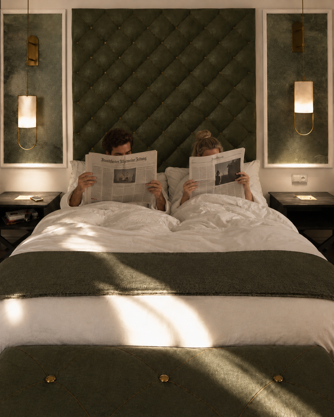 Zwei Personen lesen auf einem großen Bett in einem gemütlichen Schlafzimmer mit grüner Polsterung Zeitung.