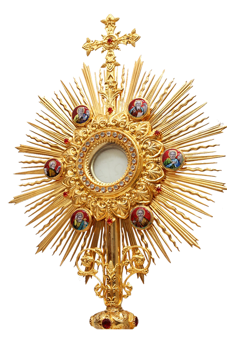 Ostensoir catholique doré orné d'un motif de soleil rayonnant.