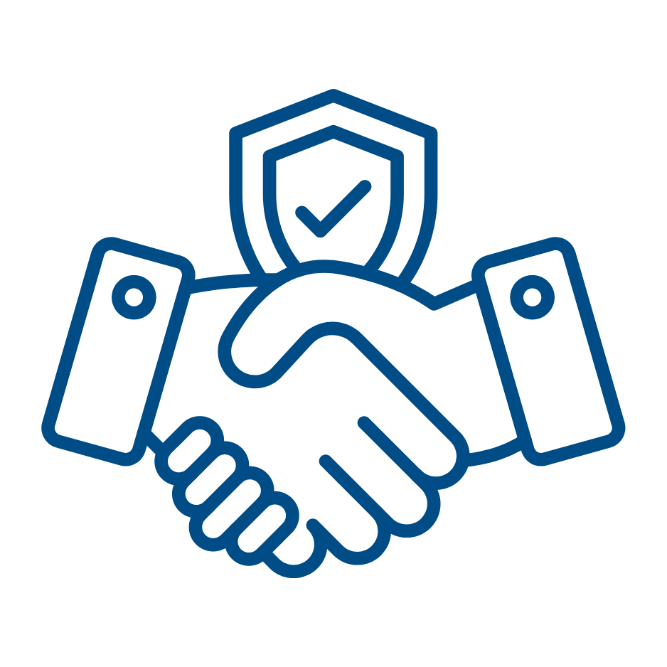 Un apretón de manos con un escudo y una marca de verificación en él.