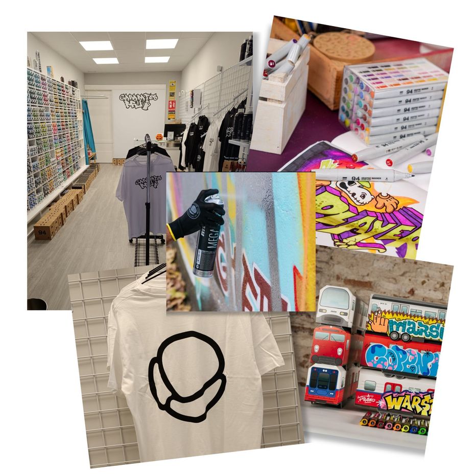 Un collage de imágenes muestra una camiseta y un grafiti en una pared.
