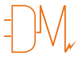 Un logotipo naranja y blanco para dm electricidad