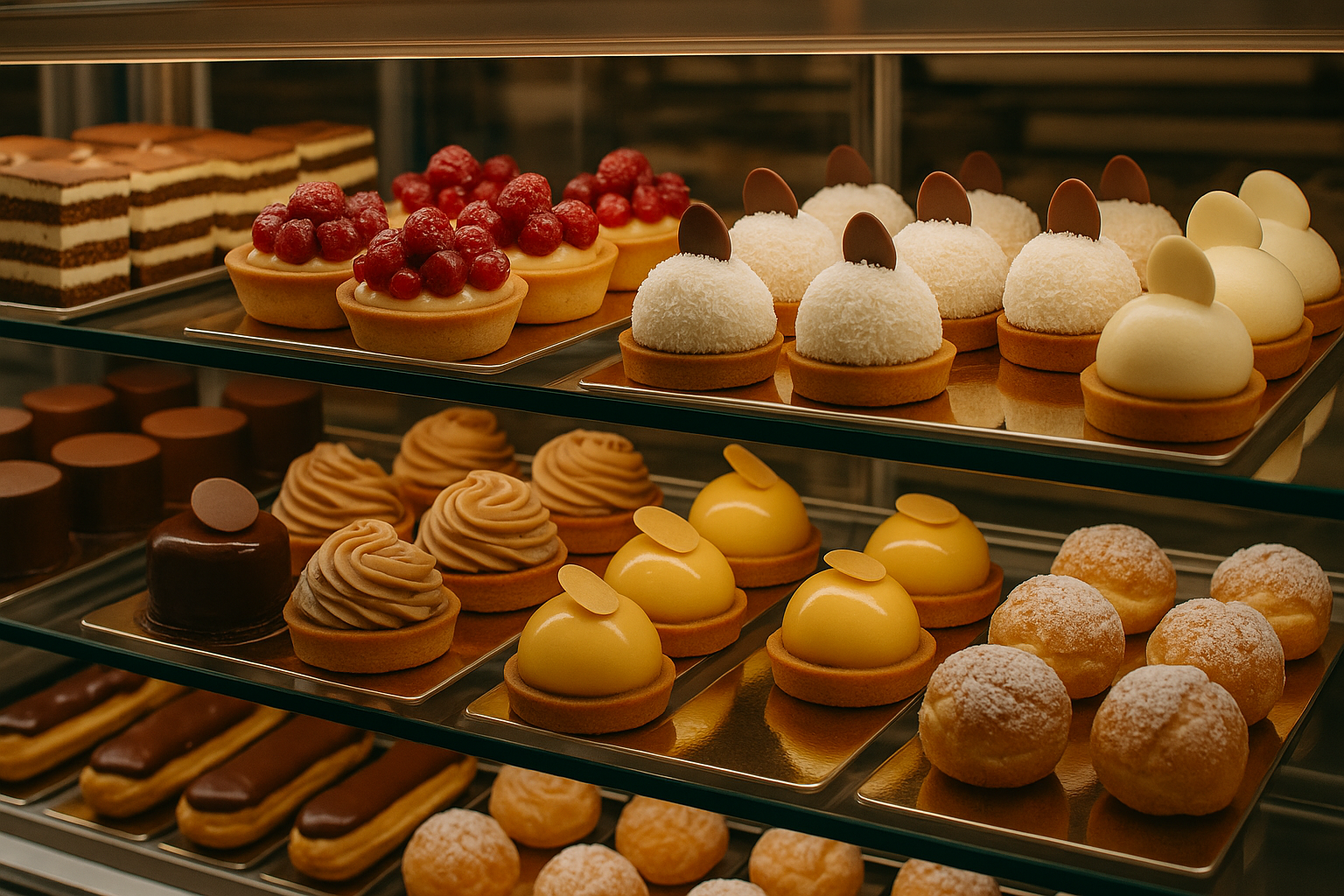 Pasticcini esposti in una vetrina da pasticceria: crostate ai lamponi, torte al cocco ed éclair.