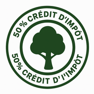Logo circulaire vert avec un arbre au centre et le texte « 50% crédit d'impôt ».