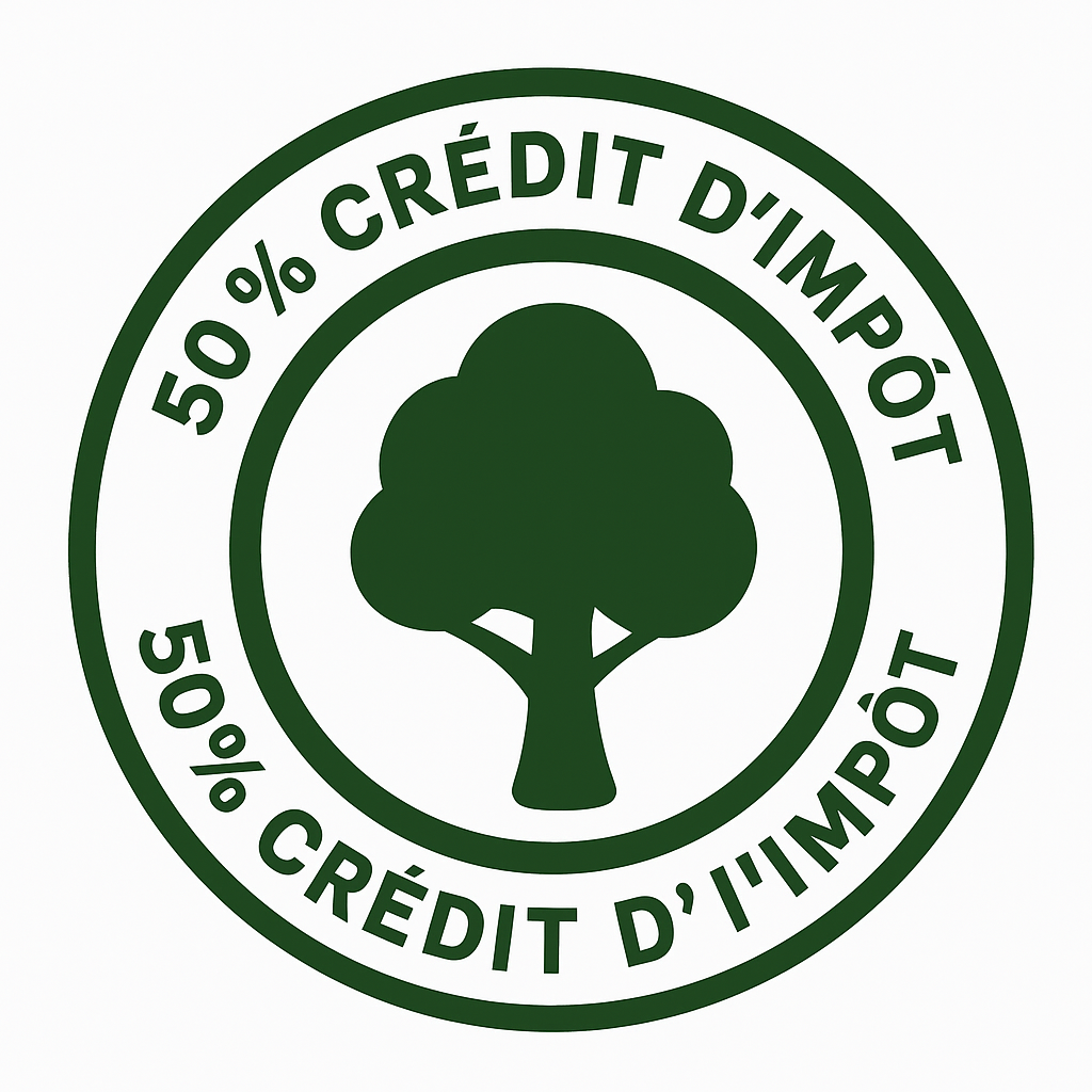Logo circulaire vert avec un arbre au centre et le texte « 50% crédit d'impôt ».