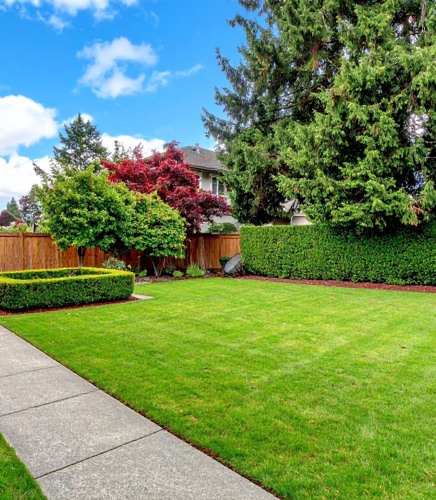 Pelouse et haies bien entretenues devant une maison, encadrées par un trottoir sous un ciel bleu.