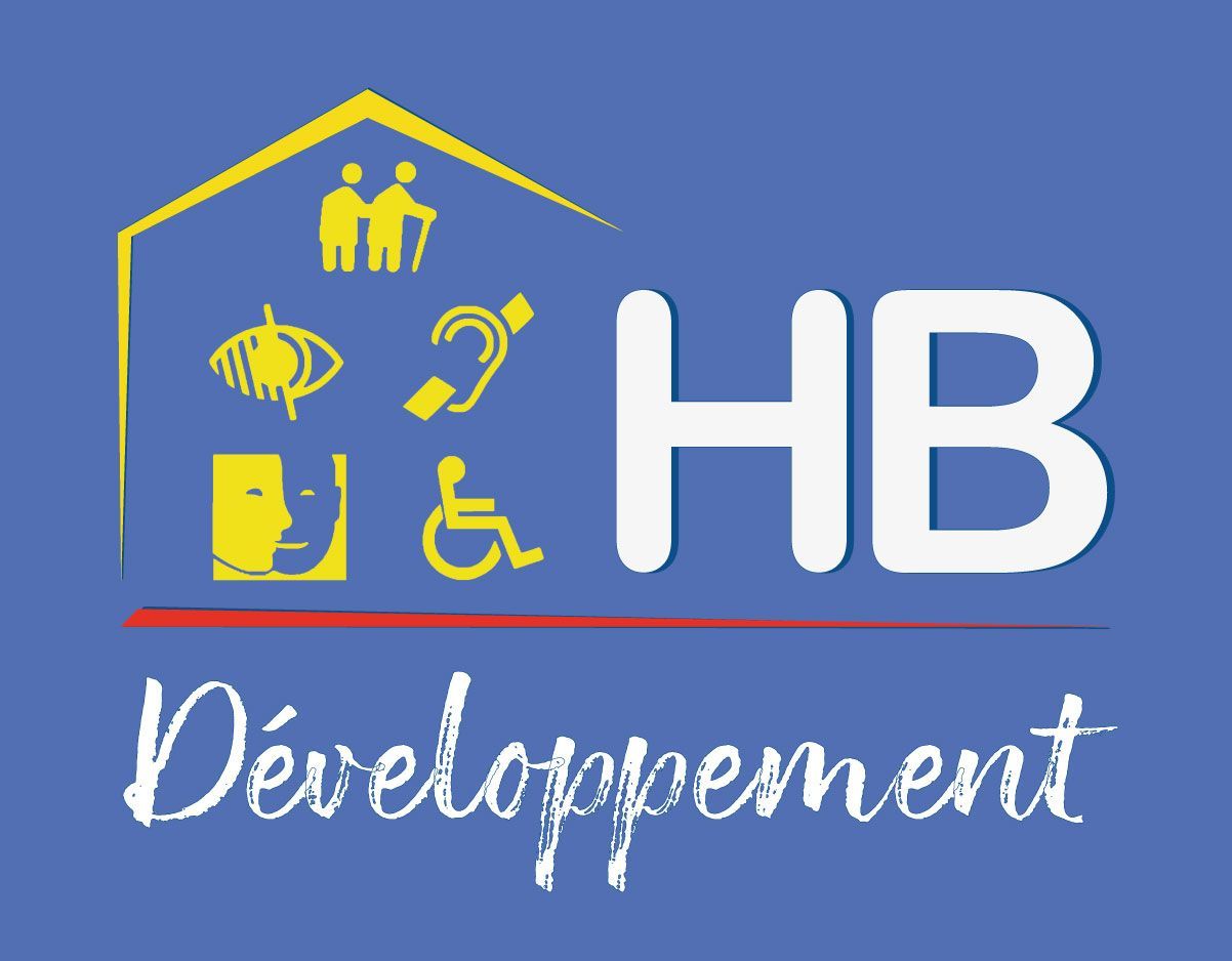 Logo HB Développement sur fond bleu avec des icônes d’accessibilité jaunes