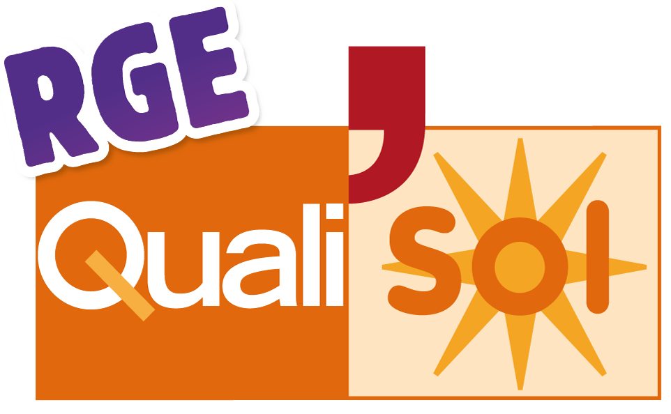Logo RGE Qualisol en violet, orange et jaune, avec une icône de soleil et un symbole rouge stylisé