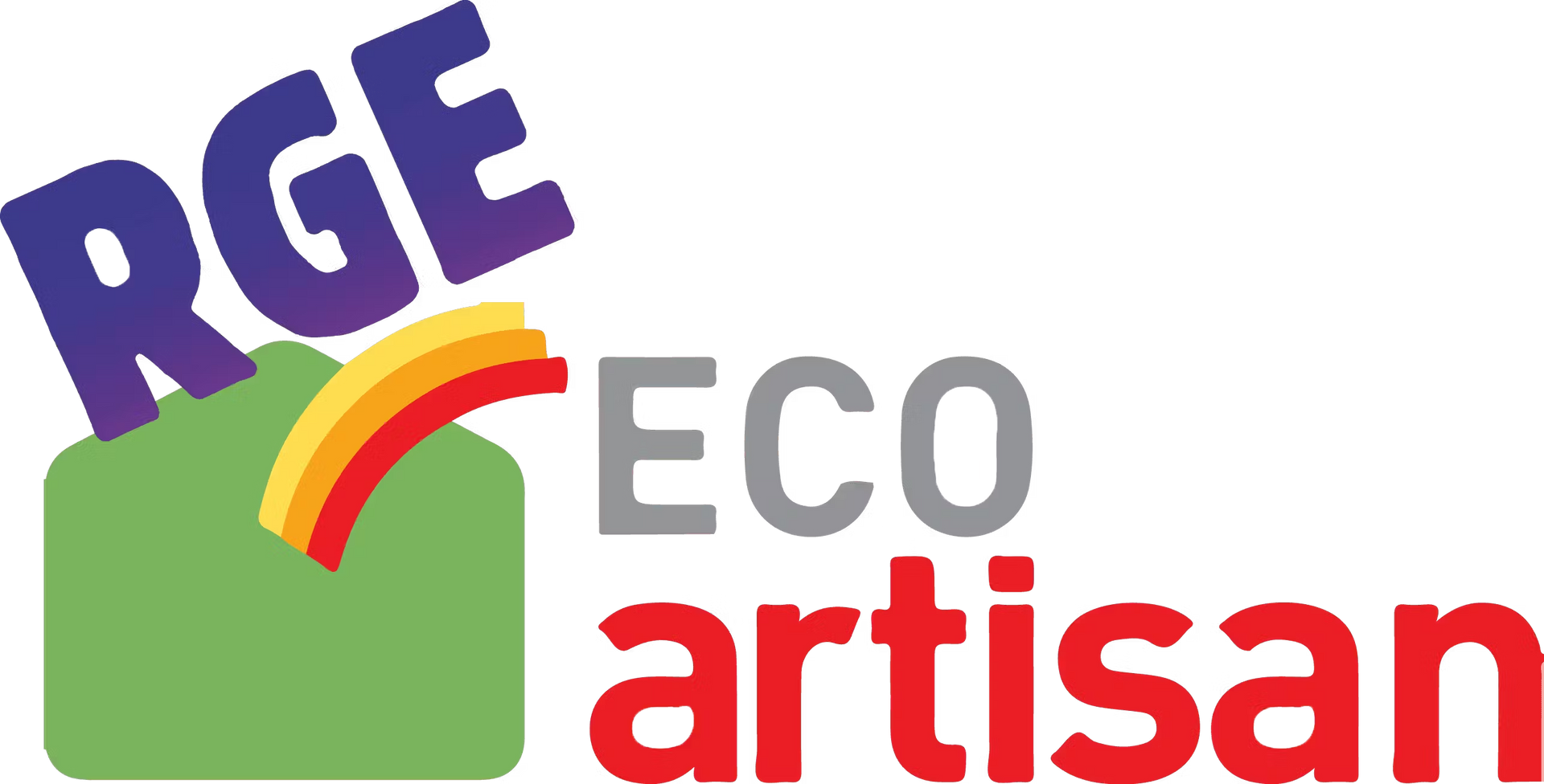 Logo RGE Eco Artisan avec du texte violet, vert, jaune, gris et rouge, et une icône de maison verte